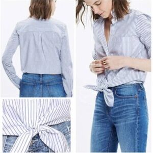 MADEWELL Blue Abbey Stripe Oxford Style Tie Front Button Down Long Sleeve XS